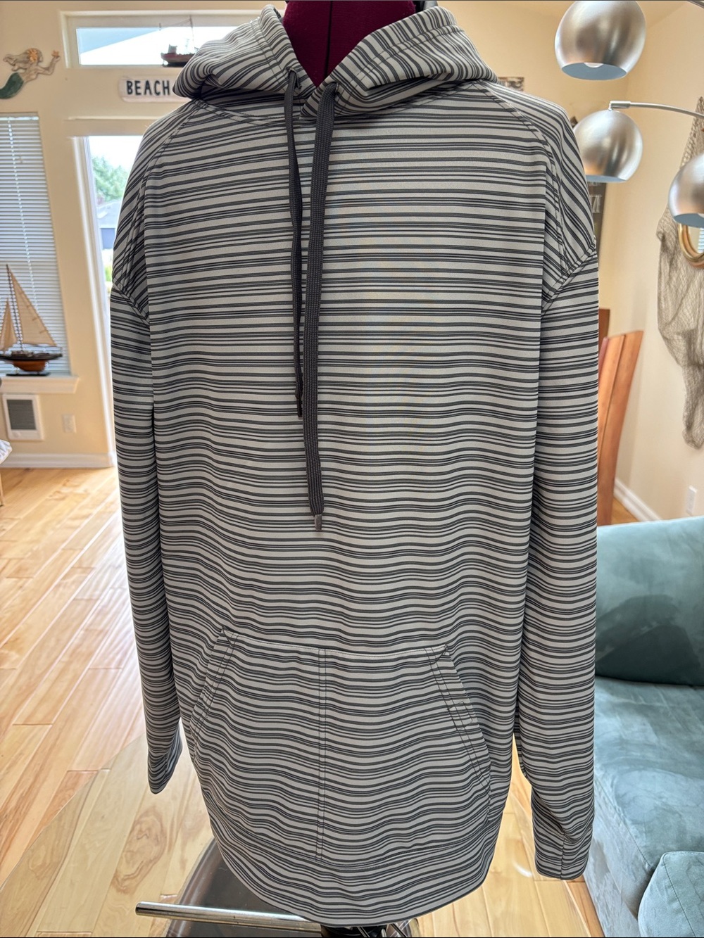 Men's Gray & White Striped Hooded Pullover Sweatshirt
